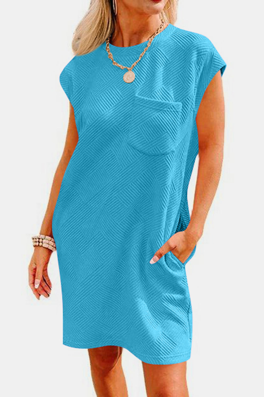 STUNNLY  Textured Round Neck Cap Sleeve Dress   