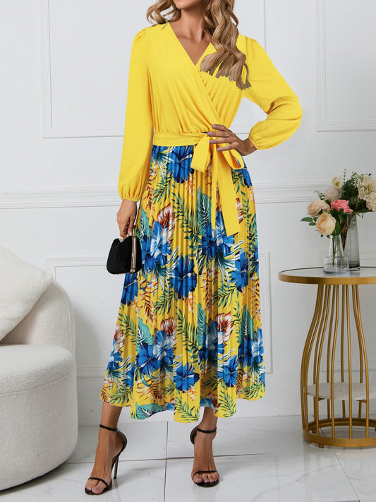 Pleated Printed Surplice Long Sleeve Dress Yellow S 