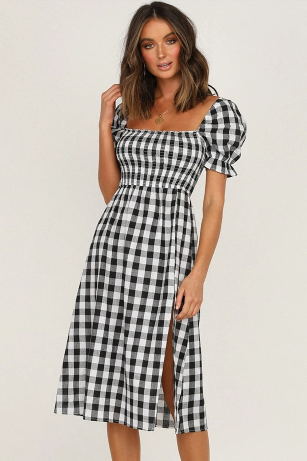 Full Size Slit Plaid Short Sleeve Midi Dress   