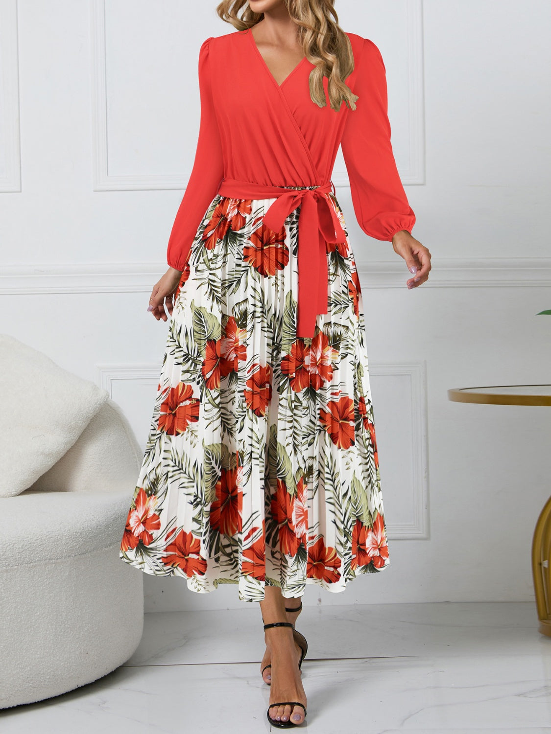 Pleated Printed Surplice Long Sleeve Dress   