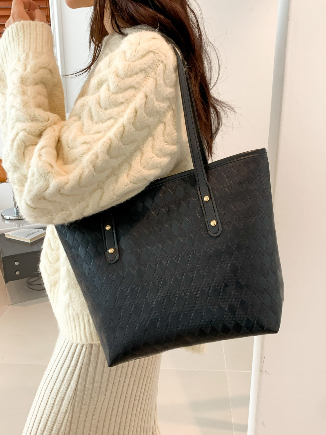 PU Leather Large Tote Bag Black One Size 