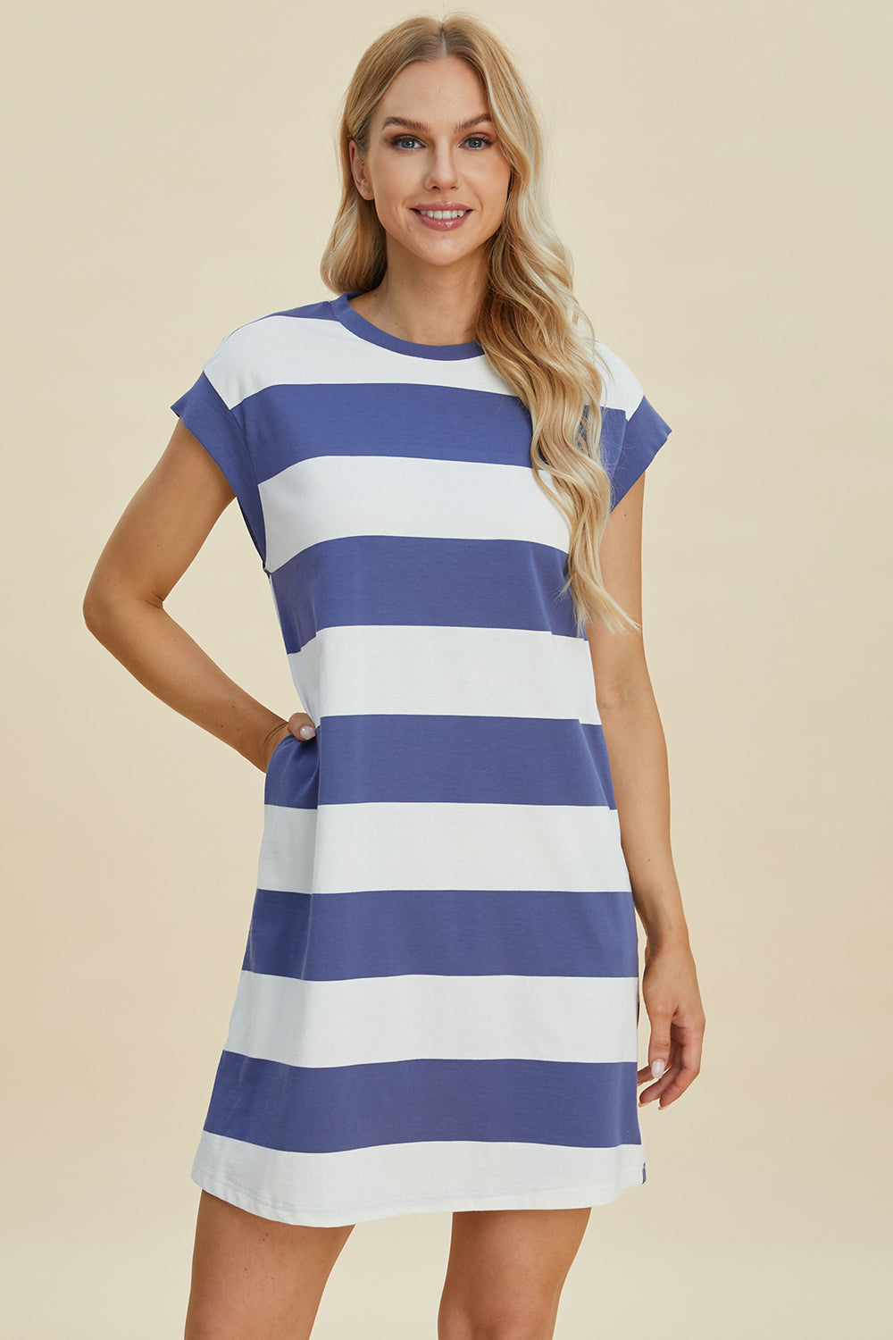 Basic Bae Full Size Striped Round Neck Cap Sleeve Mini Dress Dusty Blue S 