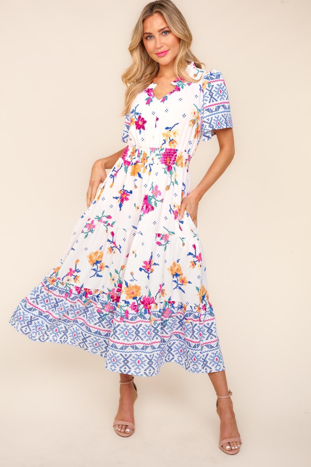 Haptics Printed Notched Short Sleeve Tiered Dress   