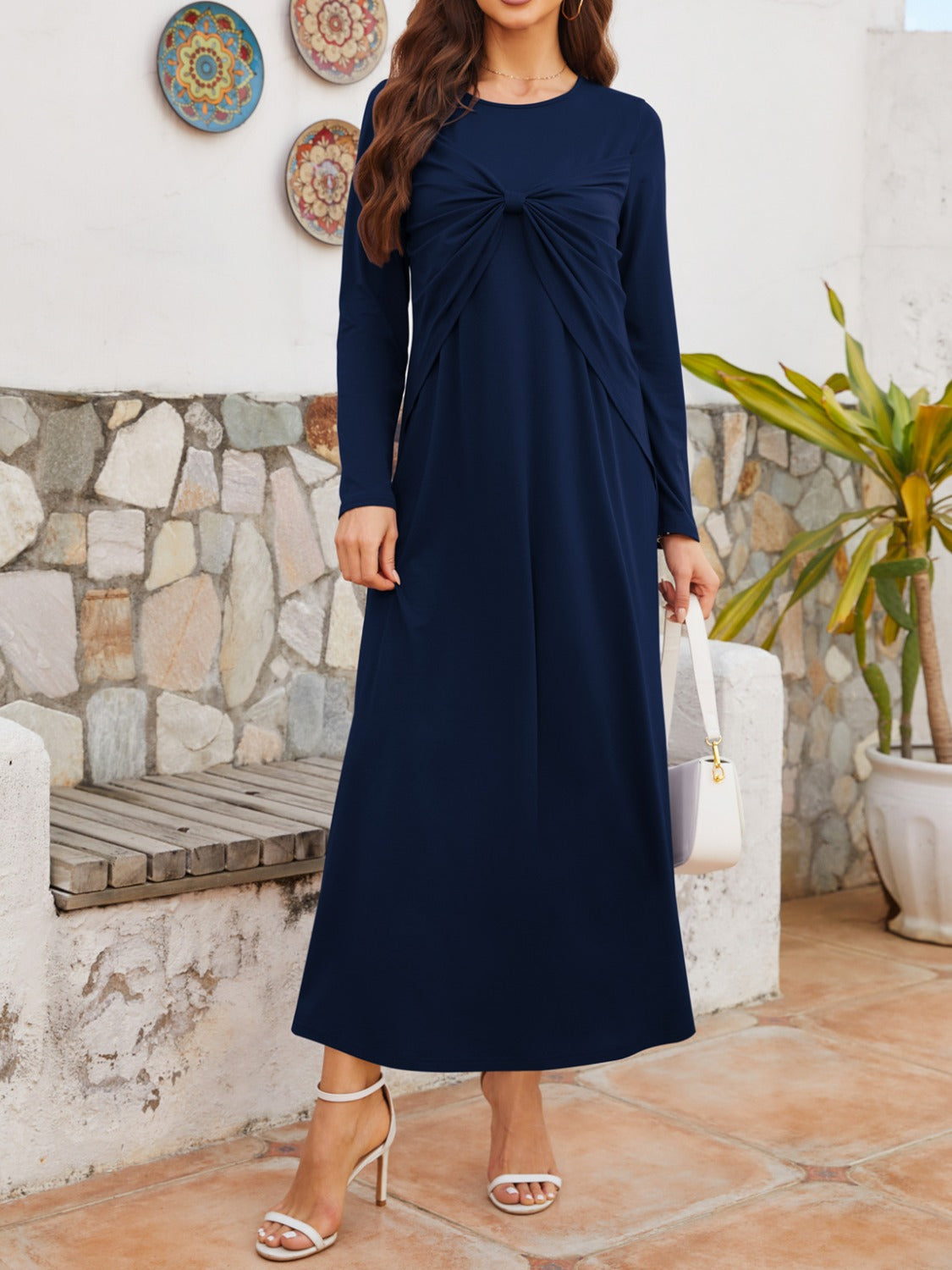 Twisted Round Neck Long Sleeve Dress Navy S 