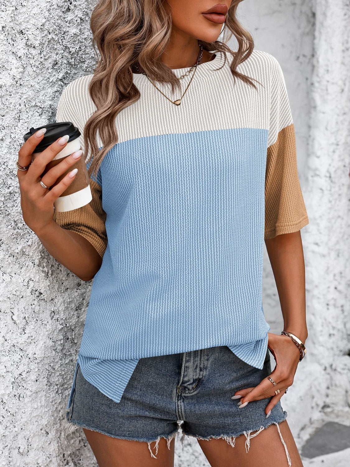 STUNNLY  Color Block Round Neck Half Sleeve T-Shirt White/Blue S 