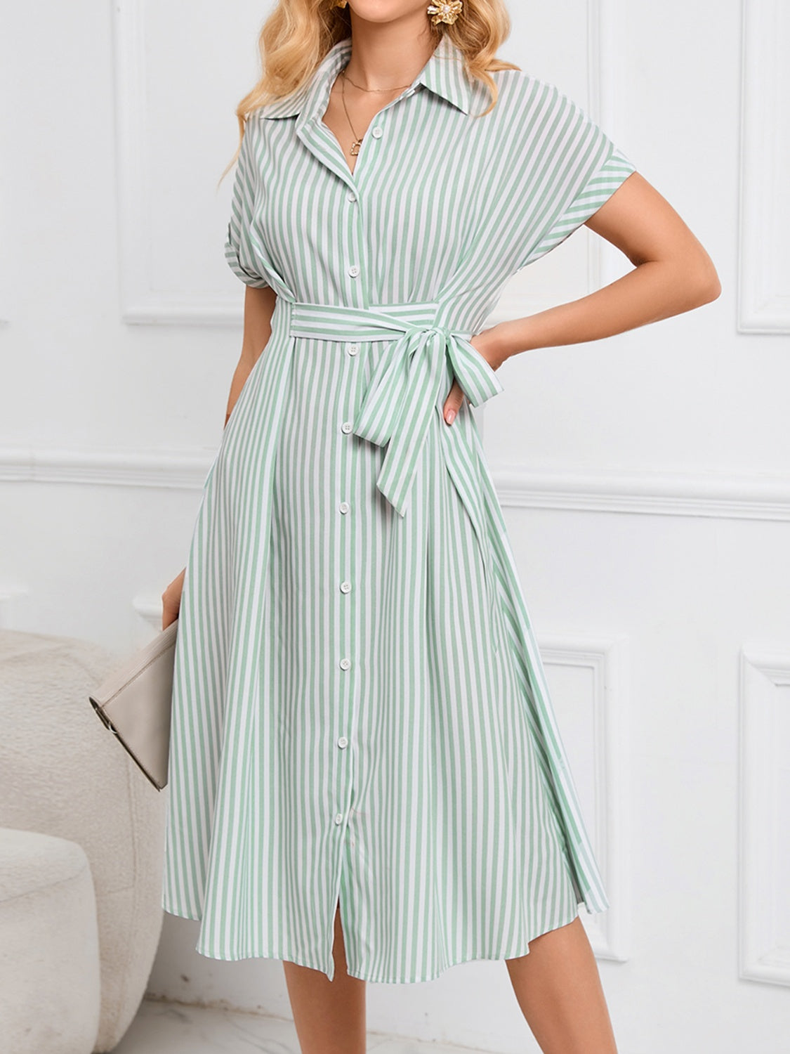 Striped Short Sleeve Tie Waist Midi Dress Light Green S 