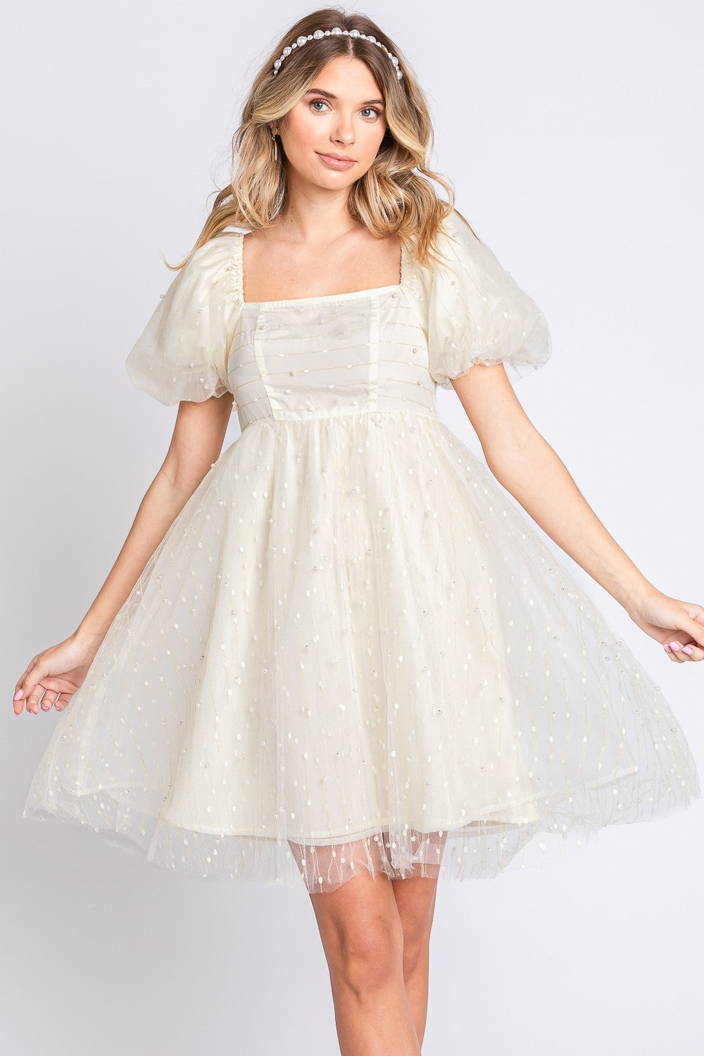 GeeGee Pearl Mesh Puff Sleeve Babydoll Dress   