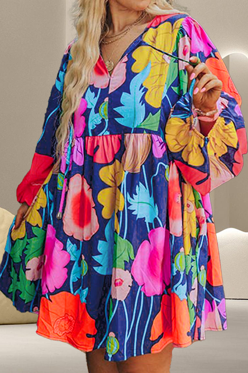 Plus Size Printed Tie Neck Long Sleeve Dress Floral 1XL 