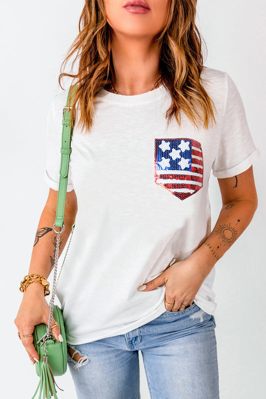 STUNNLY  US Flag Round Neck Short Sleeve T-Shirt White S 