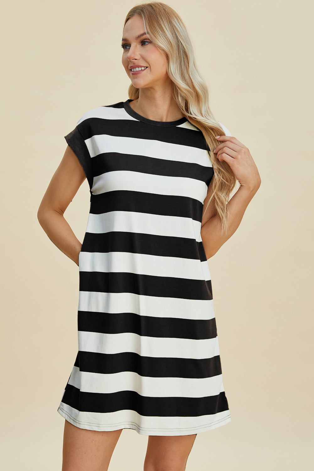 Basic Bae Full Size Striped Round Neck Cap Sleeve Mini Dress   