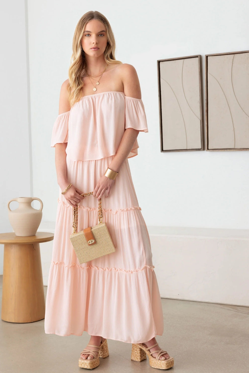 Gilli Frill Off-Shoulder Tiered Dress Blush S 