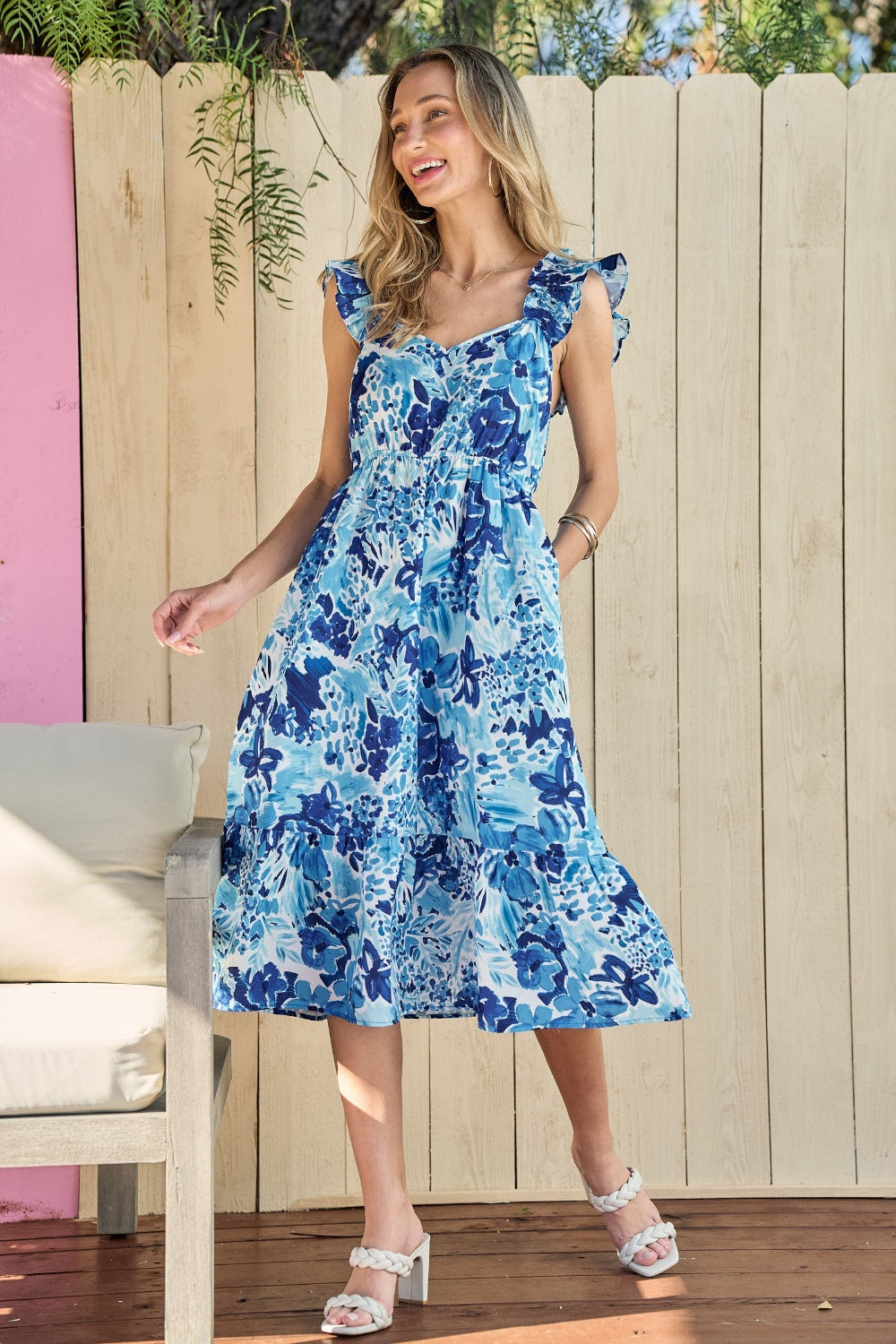 Hailey & Co Full Size Floral Ruffled Sleeveless Midi Dress   