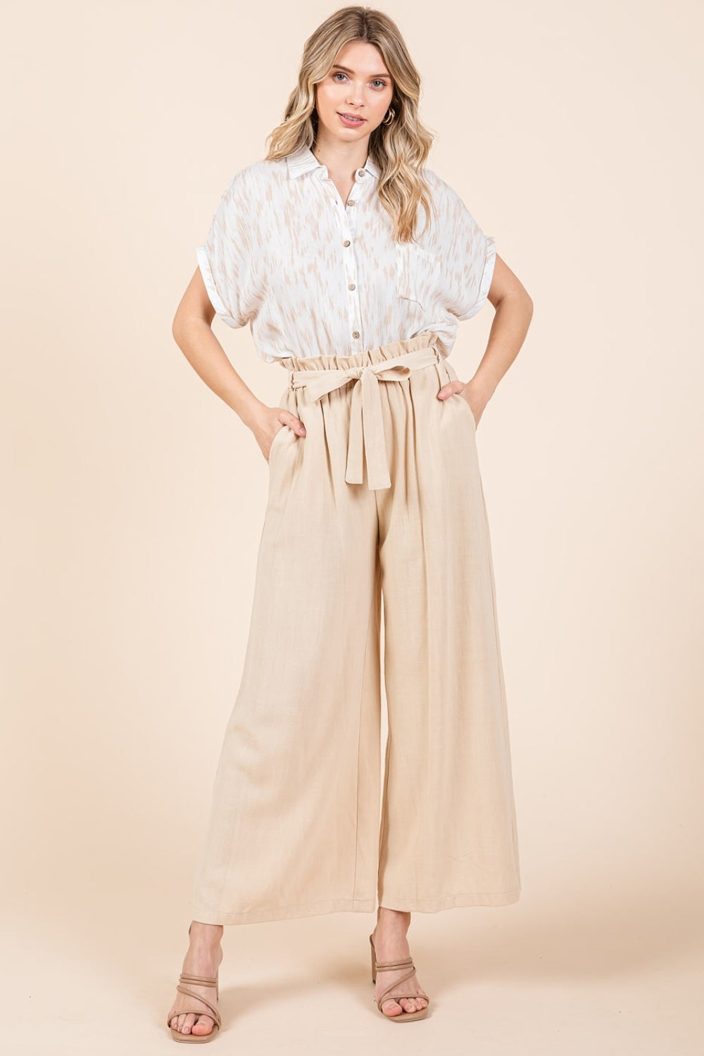 Mittoshop High Waist Tie Front Wide Leg Pants   