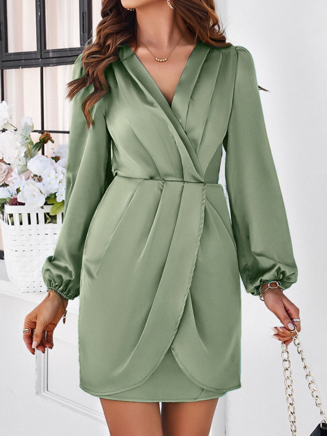 Ruched Surplice Long Sleeve Mini Dress   