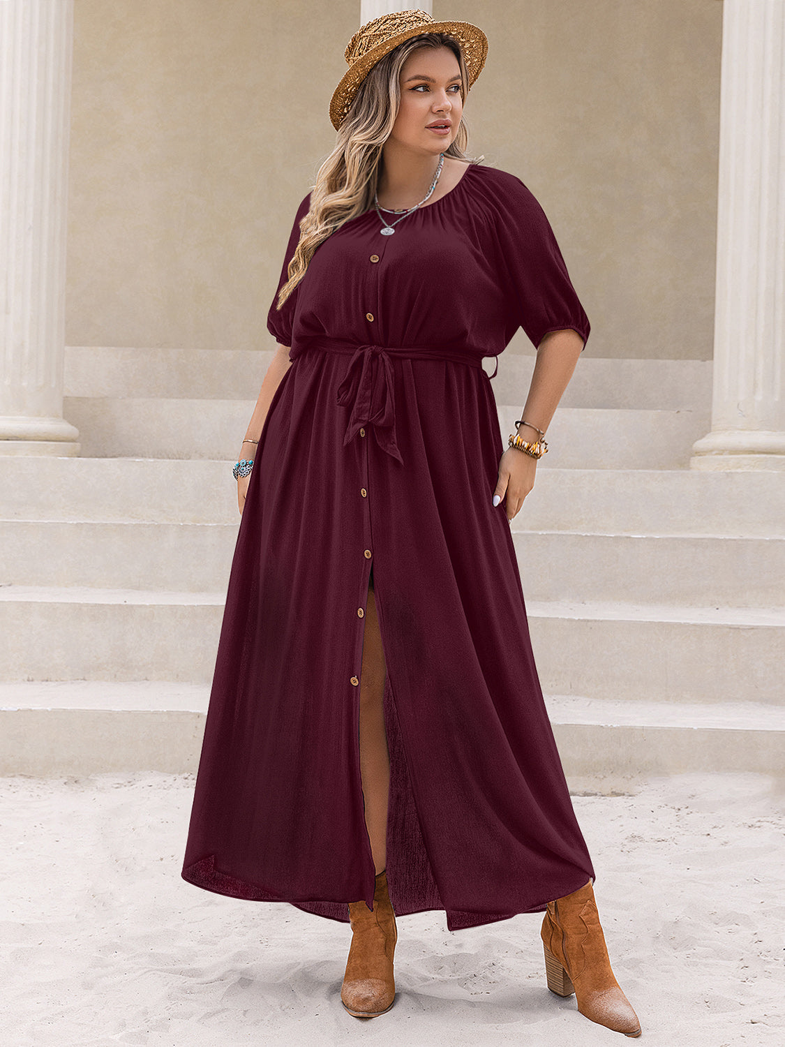 Plus Size Round Neck Half Sleeve Dress Burgundy 0XL 