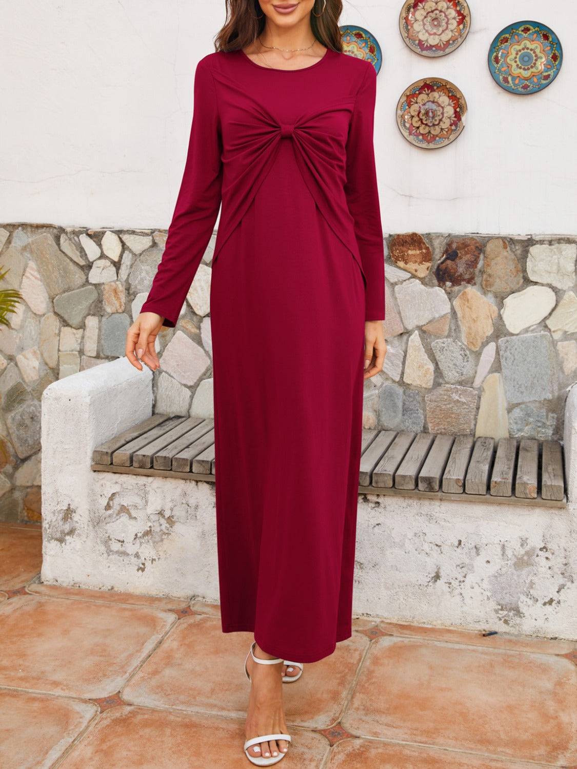 Twisted Round Neck Long Sleeve Dress   