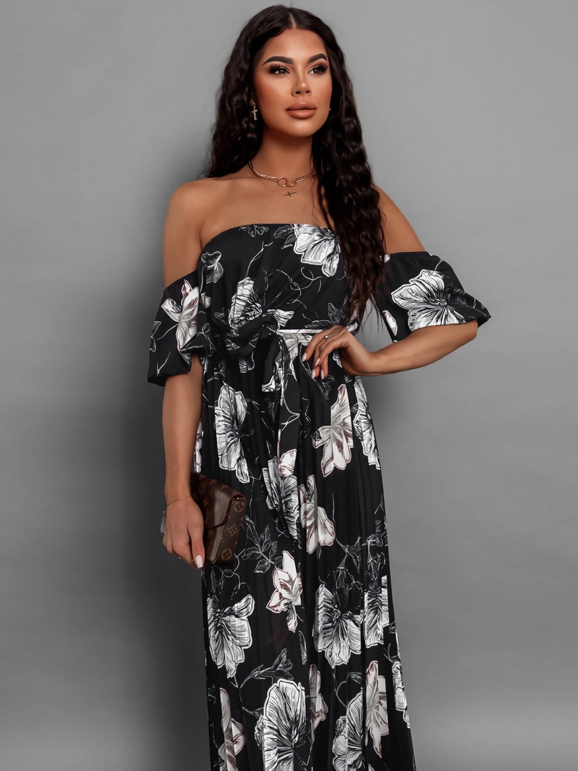 Pleated Floral Off-Shoulder Short Sleeve Midi Dress   