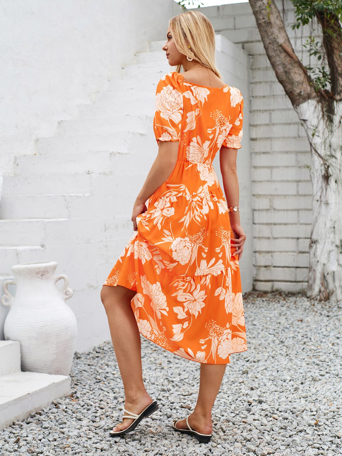 Printed Asymmetric Neck Short Sleeve Midi Dress   