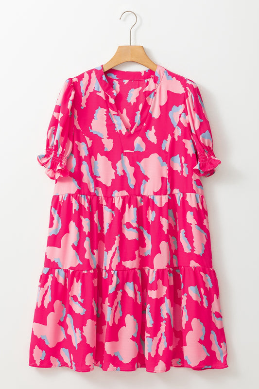 Ruffled Printed Short Sleeve Mini Dress Hot Pink S 