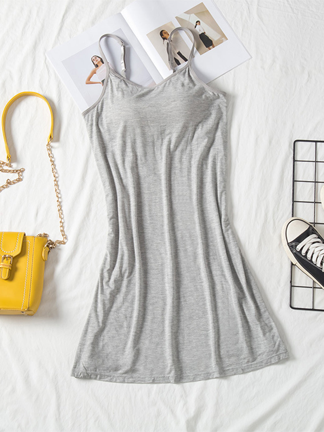 Round Neck Spaghetti Strap Cami Dress with Bra Gray M 