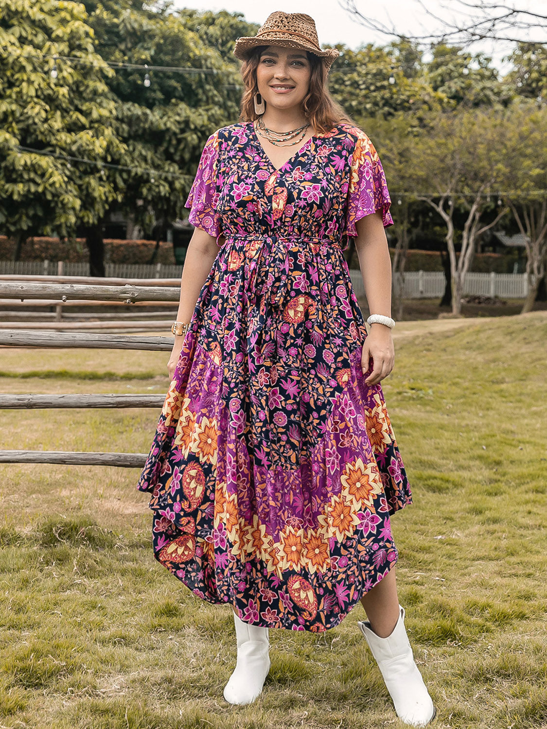 Plus Size Printed V-Neck Flutter Sleeve Midi Dress   