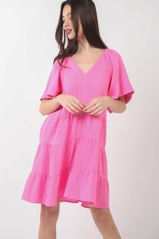 VERY J Texture V-Neck Ruffled Tiered Dress Pink S 