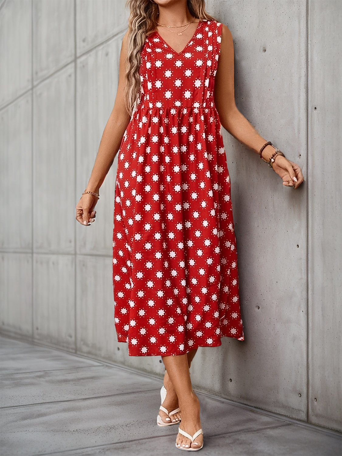 Printed V-Neck Sleeveless Midi Dress   