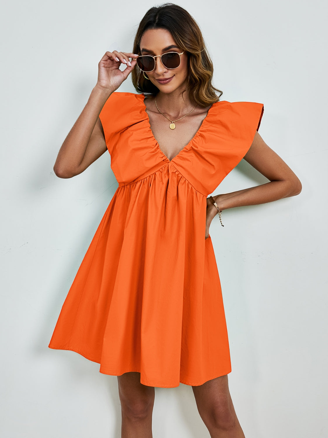 V-Neck Cap Sleeve Mini Dress   