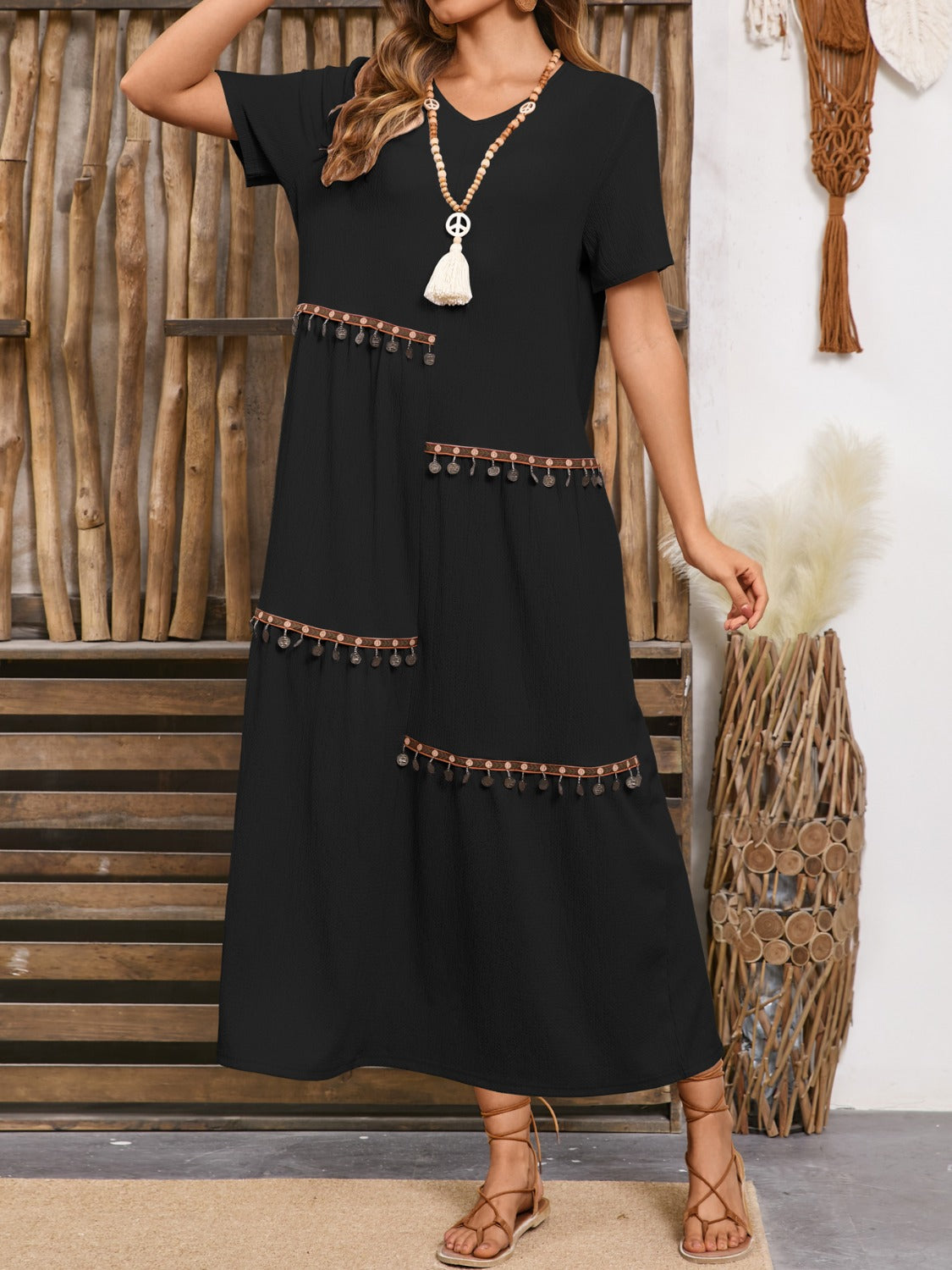 V-Neck Short Sleeve Midi Dress Black S 