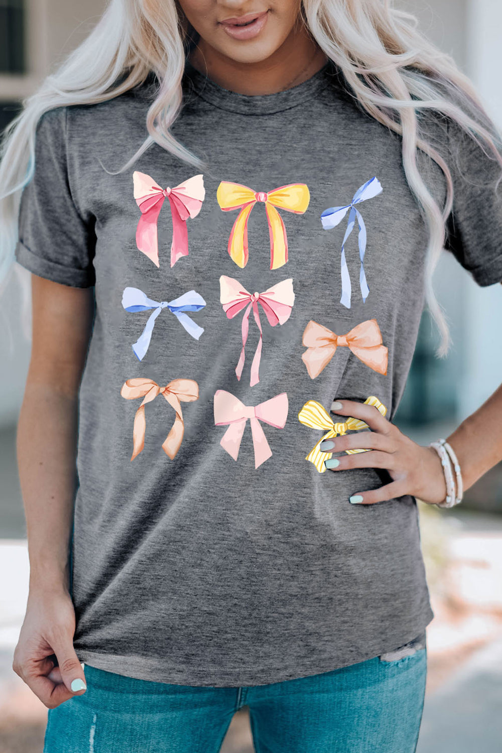 STUNNLY  Bow Graphic Round Neck Short Sleeve T-Shirt   