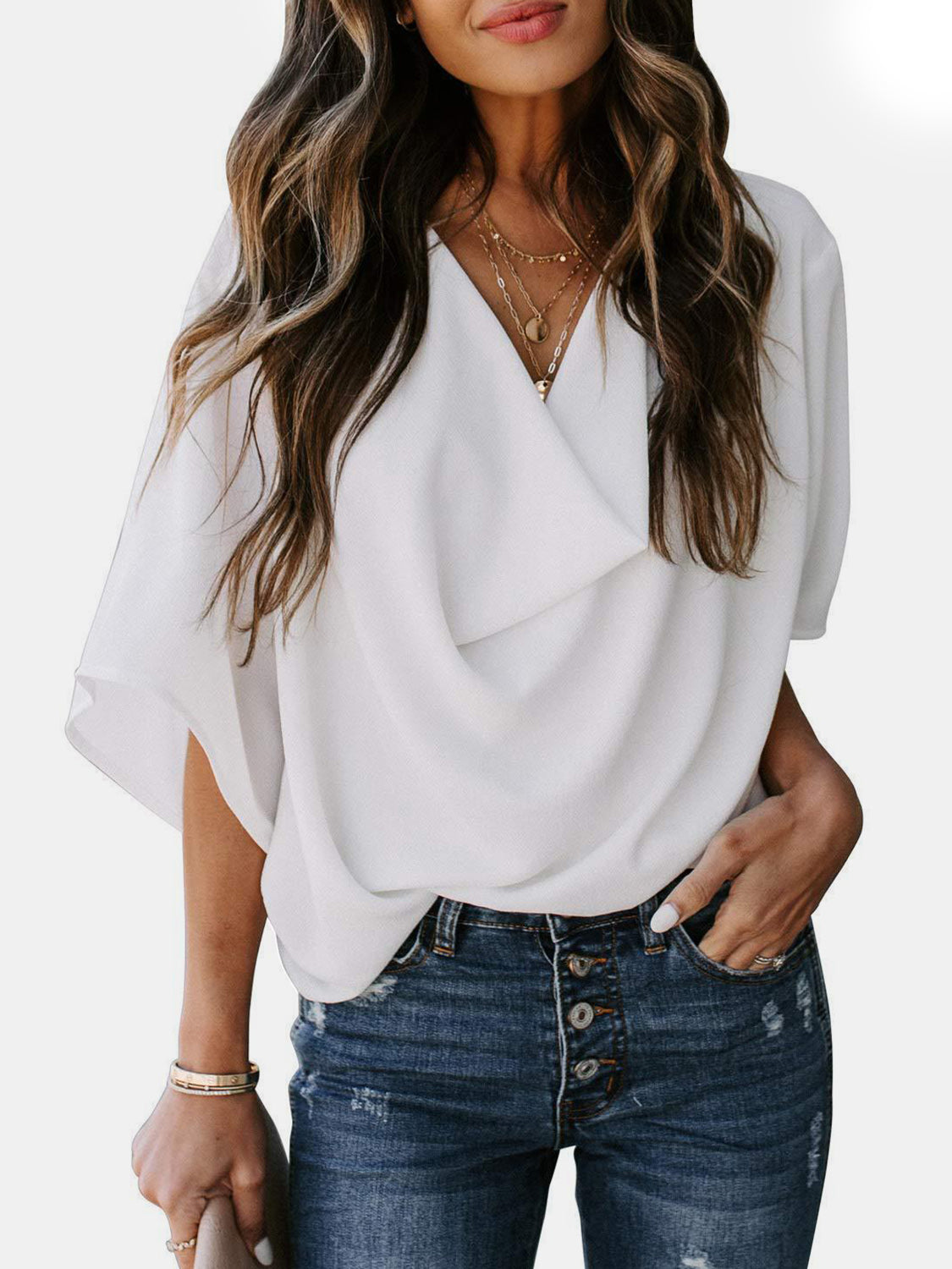 STUNNLY  Full Size Cowl Neck Three-Quarter Sleeve Blouse White S 