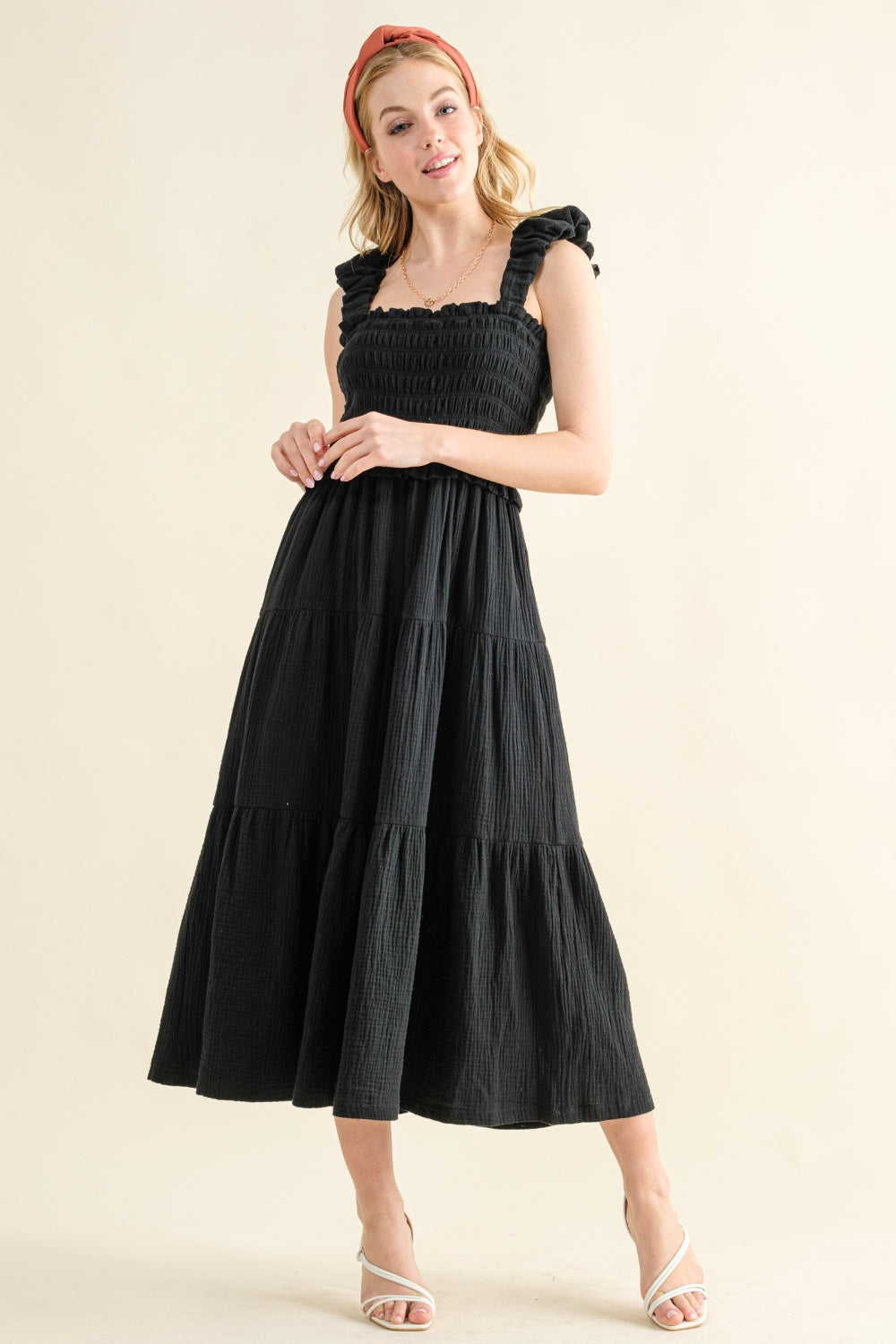 And The Why Smocked Ruffled Tiered Dress Black S 