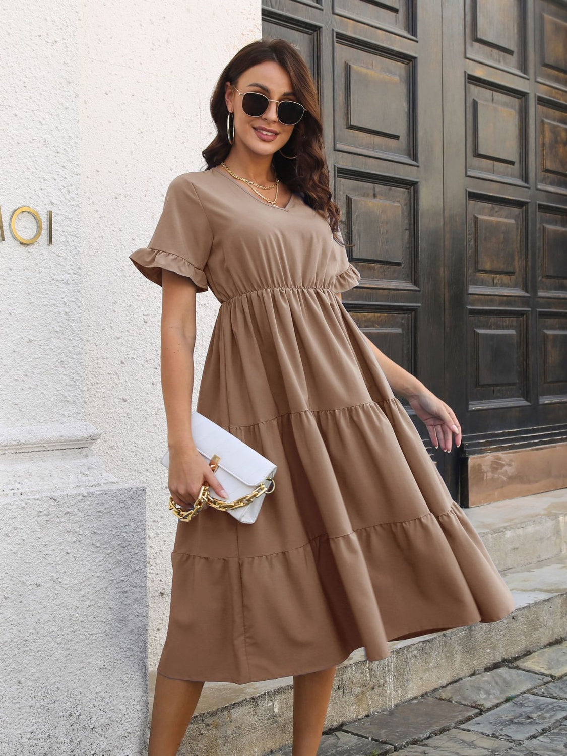 V-Neck Short Sleeve Midi Dress Khaki S 