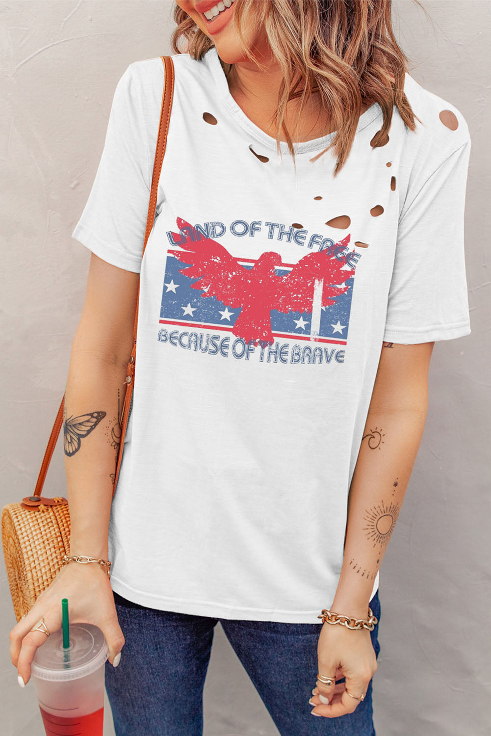 Cutout Graphic Round Neck Short Sleeve T-Shirt White S 