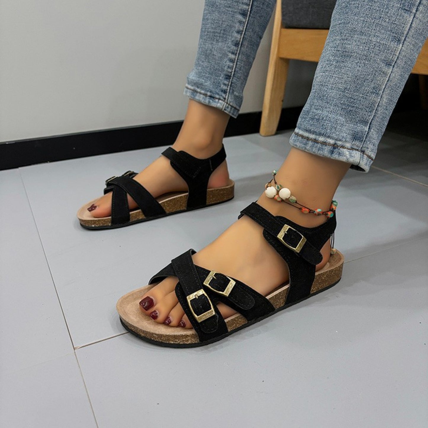 Open Toe Flat Buckle Sandals Black 36(US5) 