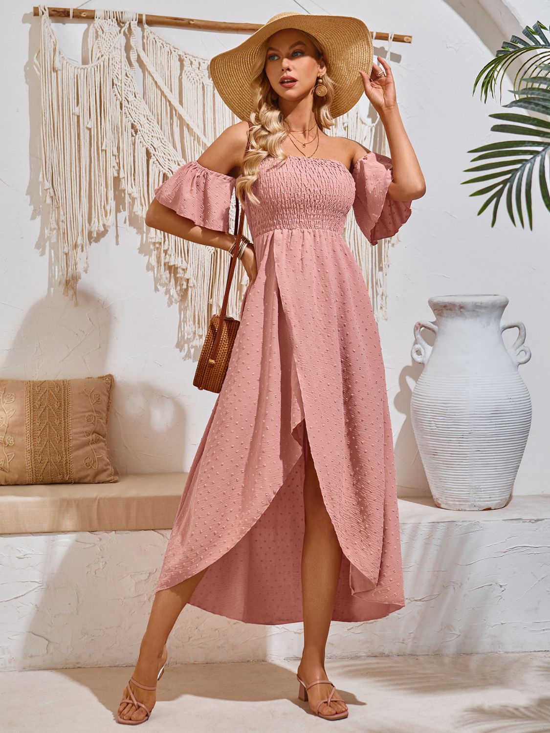 High-Low Smocked Short Sleeve Midi Dress   