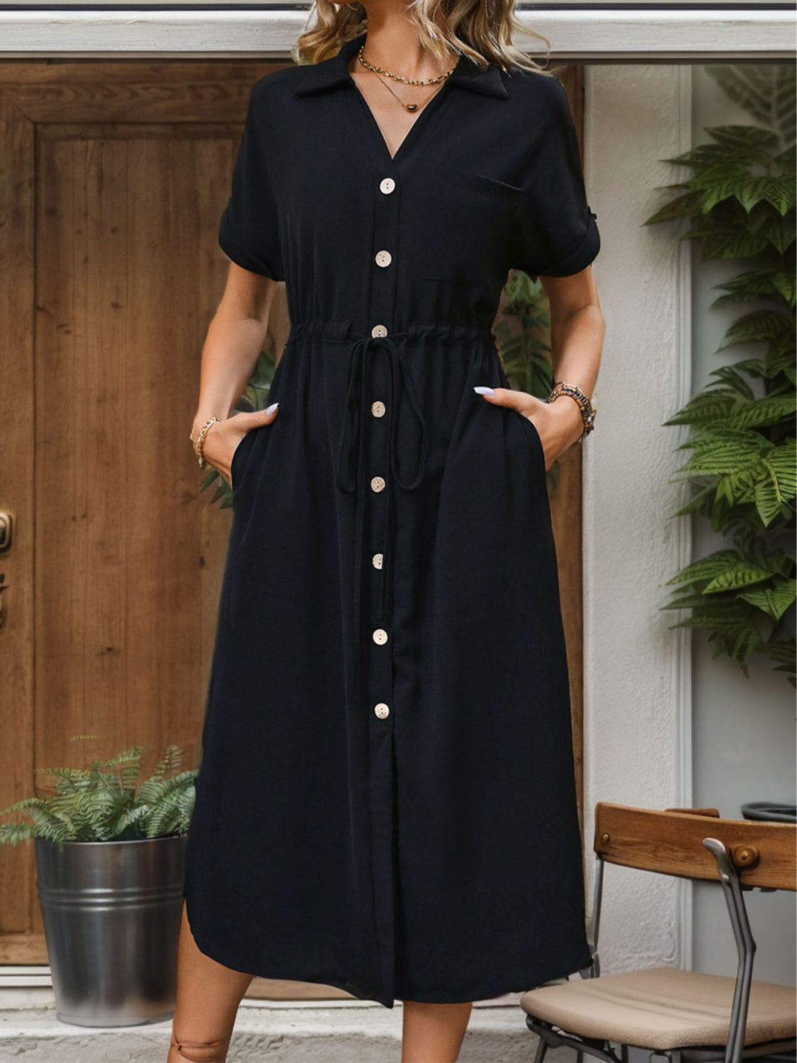 Slit Drawstring Button Up Short Sleeve Midi Dress Black S 