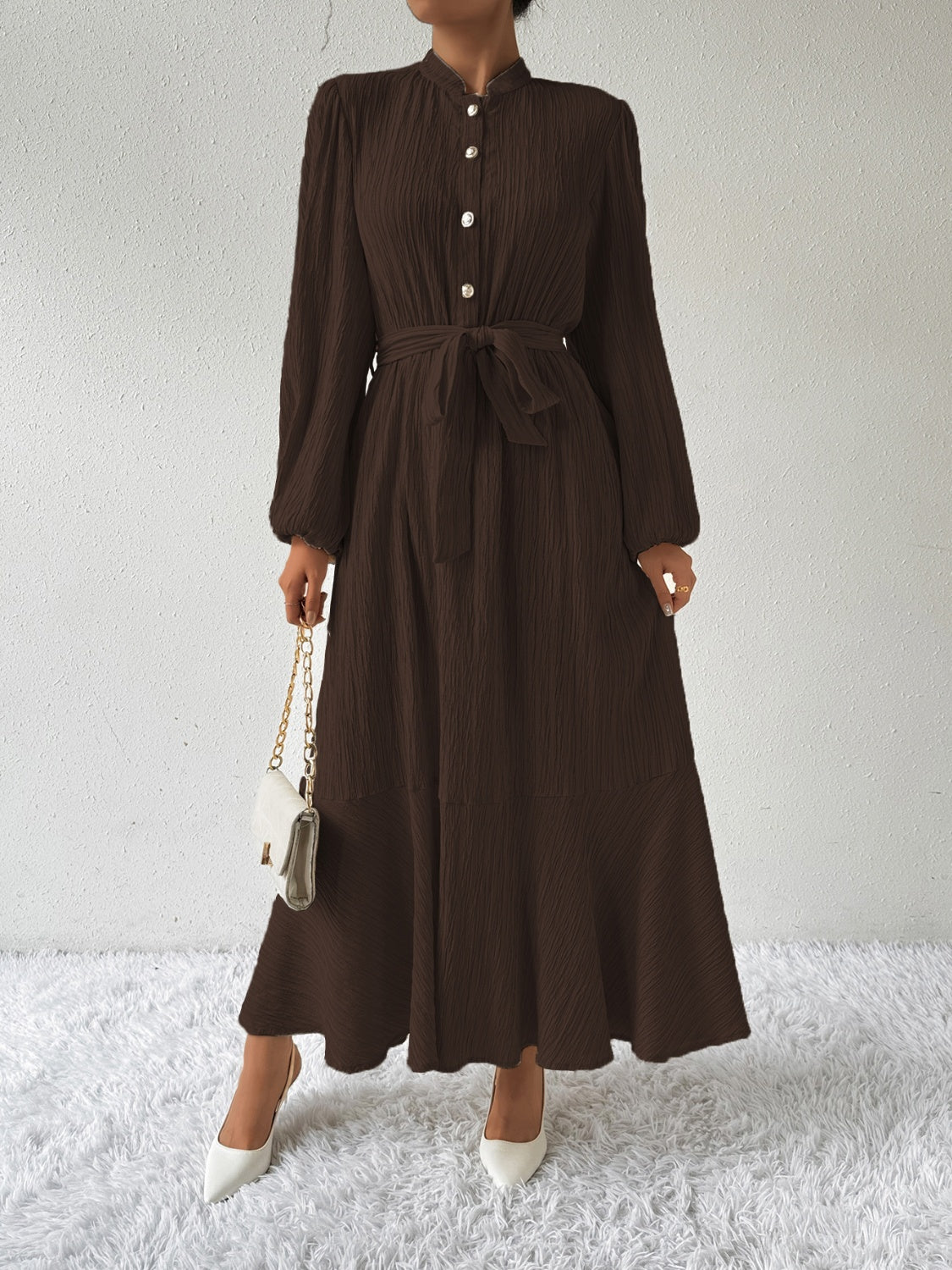 Tie Waist Long Sleeve Dress Chocolate S 