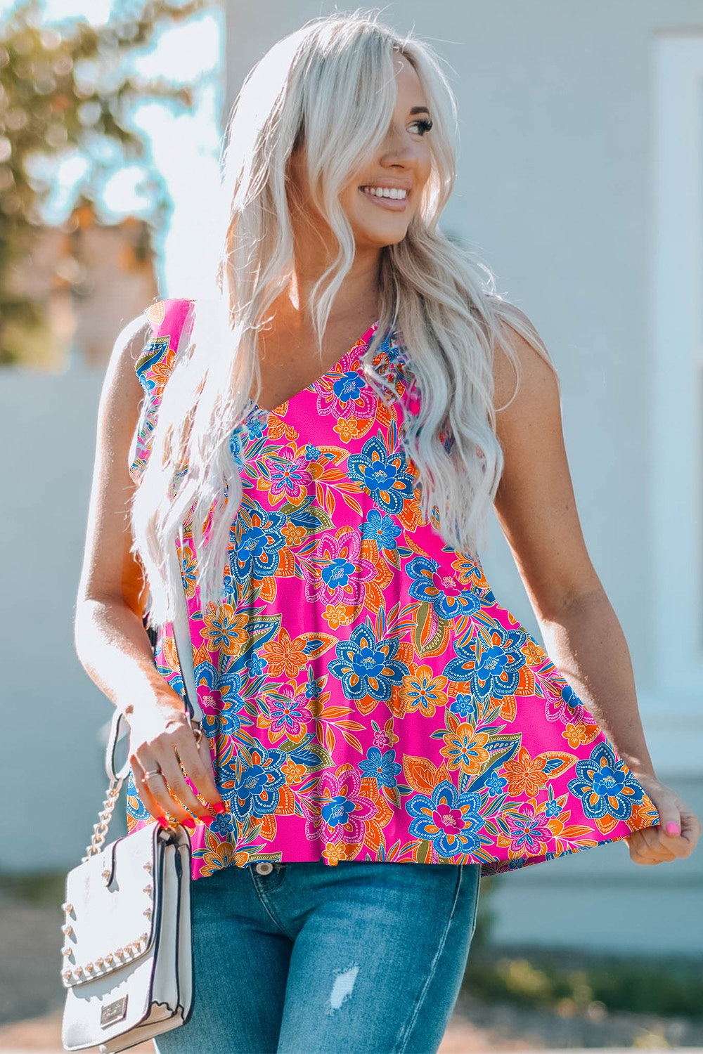 STUNNLY  Ruffled Printed V-Neck Tank   