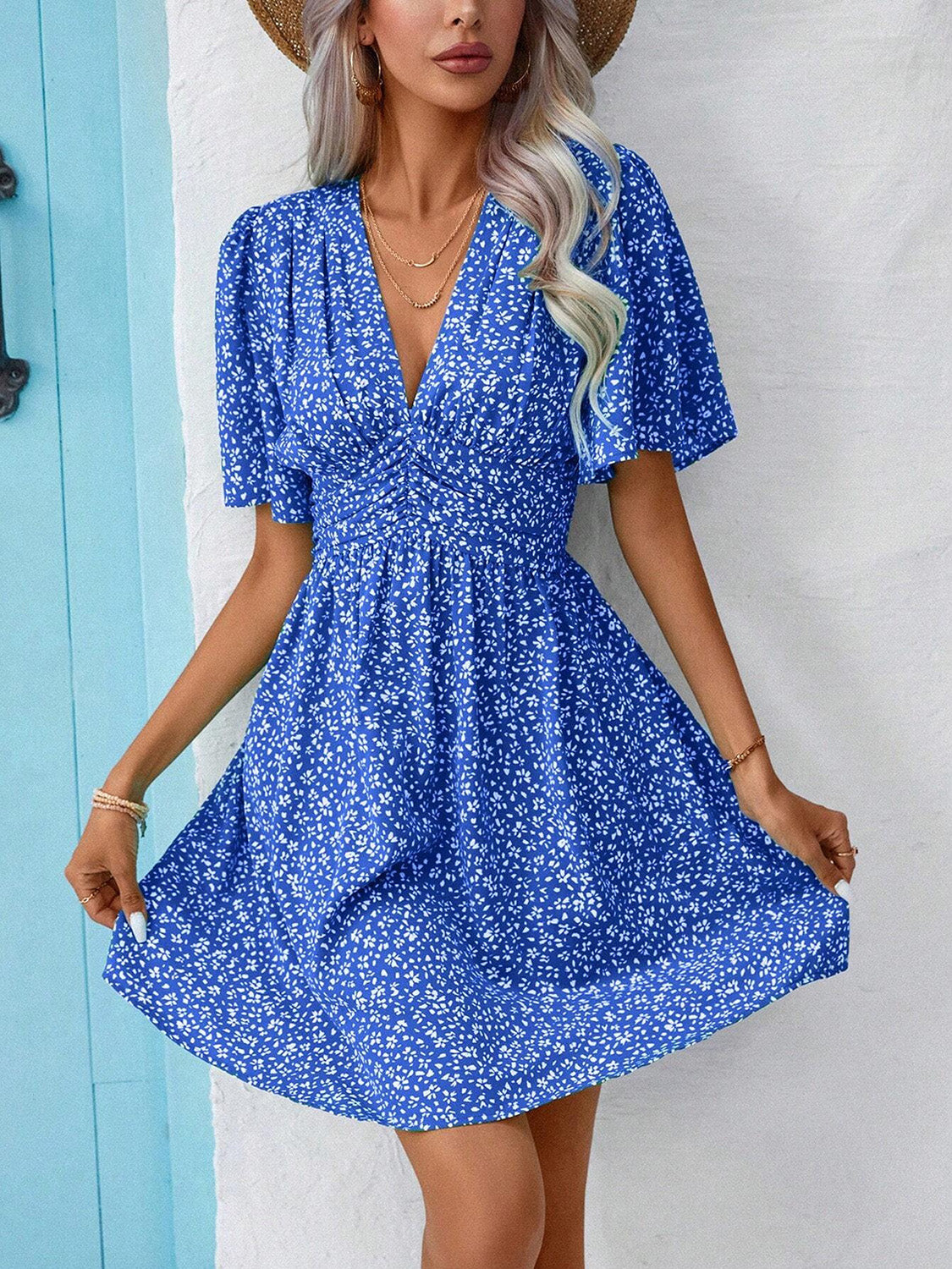 Printed V-Neck Half Sleeve Mini Dress   