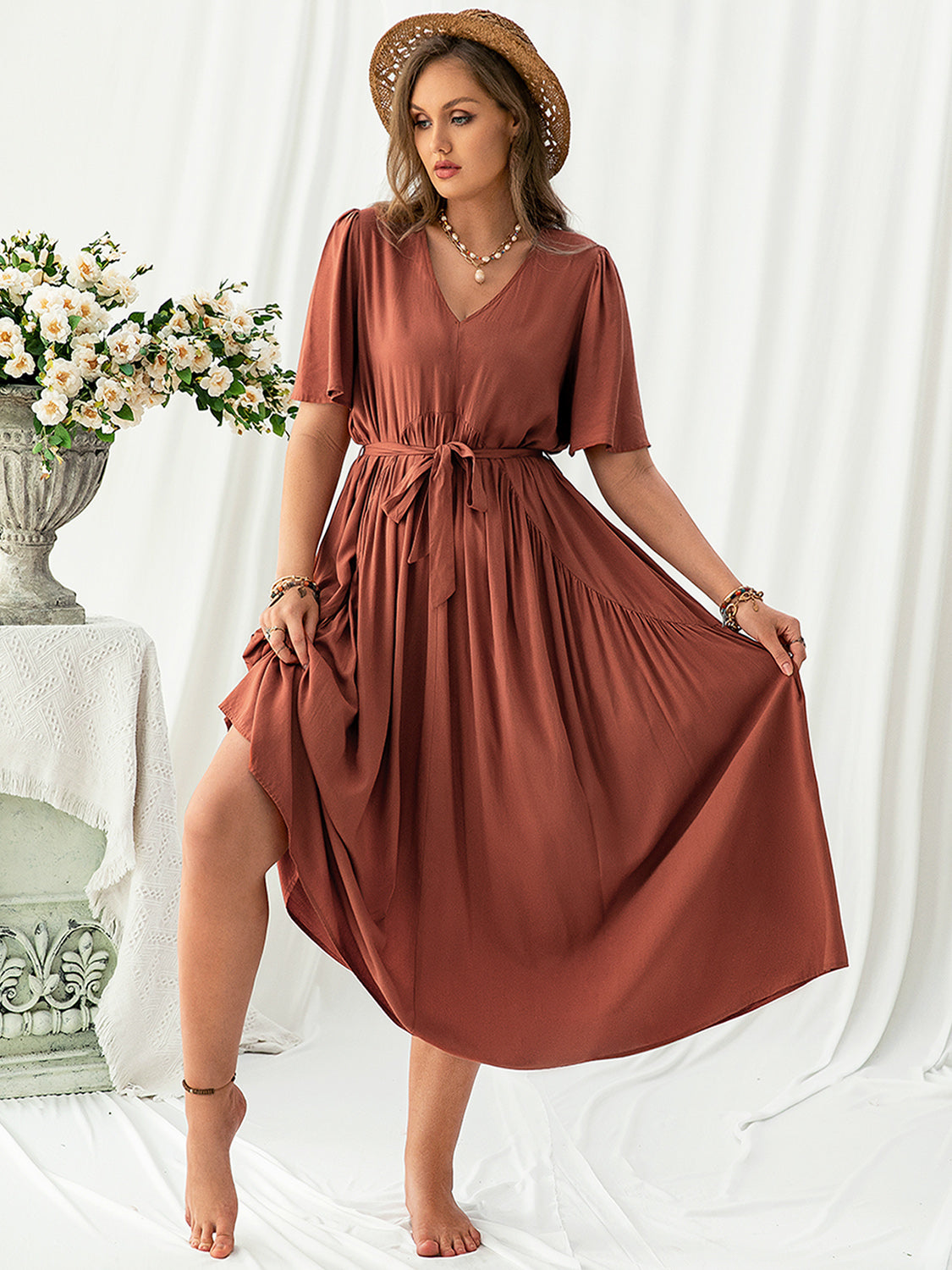 Plus Size V-Neck Flutter Sleeve Midi Dress   