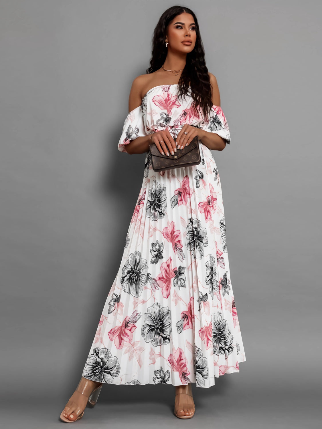 Pleated Floral Off-Shoulder Short Sleeve Midi Dress   