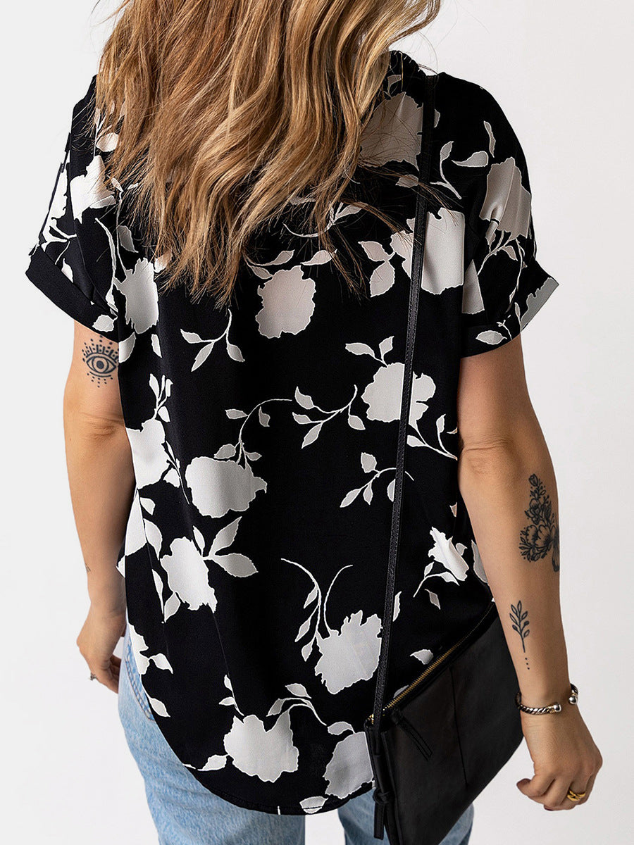 STUNNLY  Full Size Printed Notched Short Sleeve Blouse   