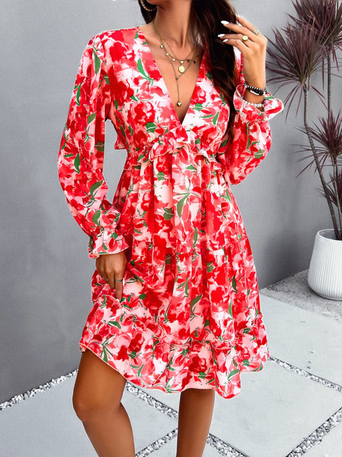 Backless Printed V-Neck Flounce Sleeve Dress   