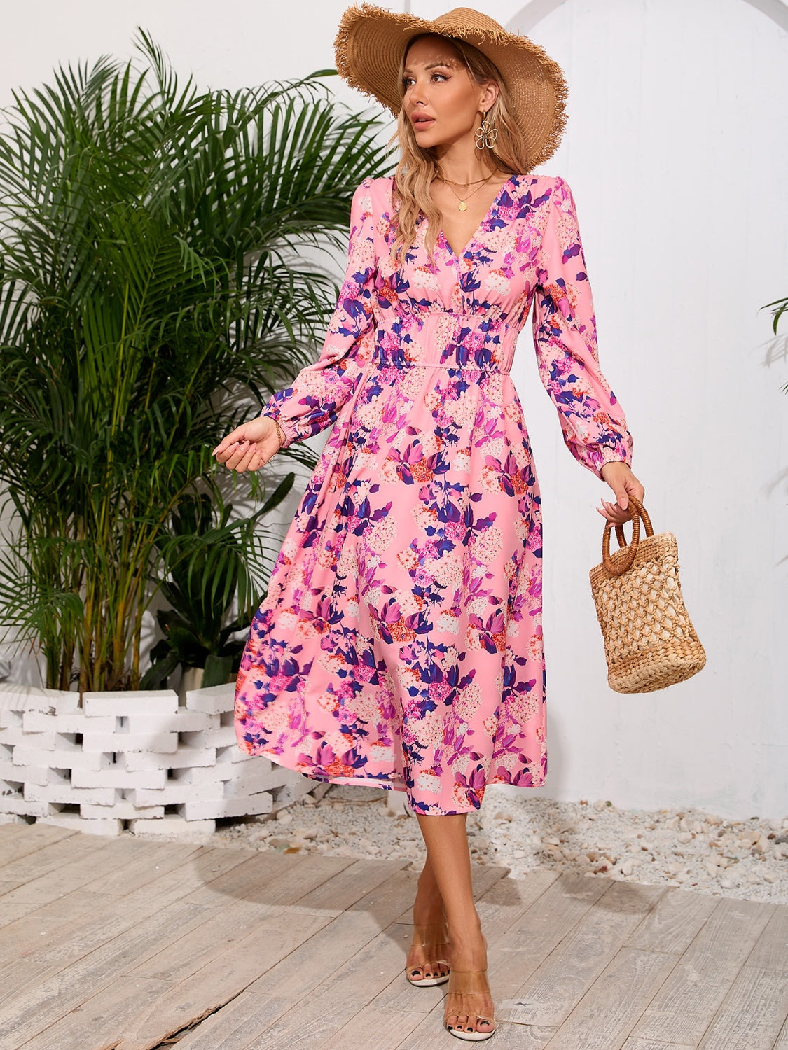 Printed Surplice Long Sleeve Midi Dress   