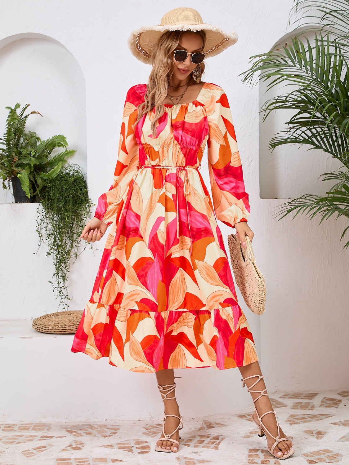 Printed Long Sleeve Midi Dress Orange S 