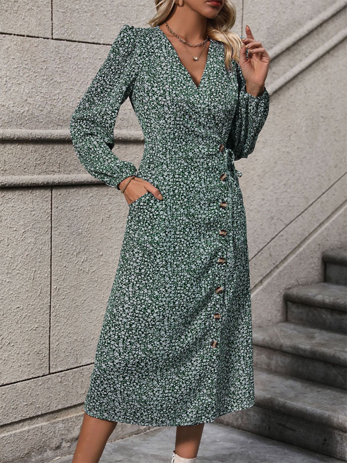 Printed Surplice Long Sleeve Midi Dress   