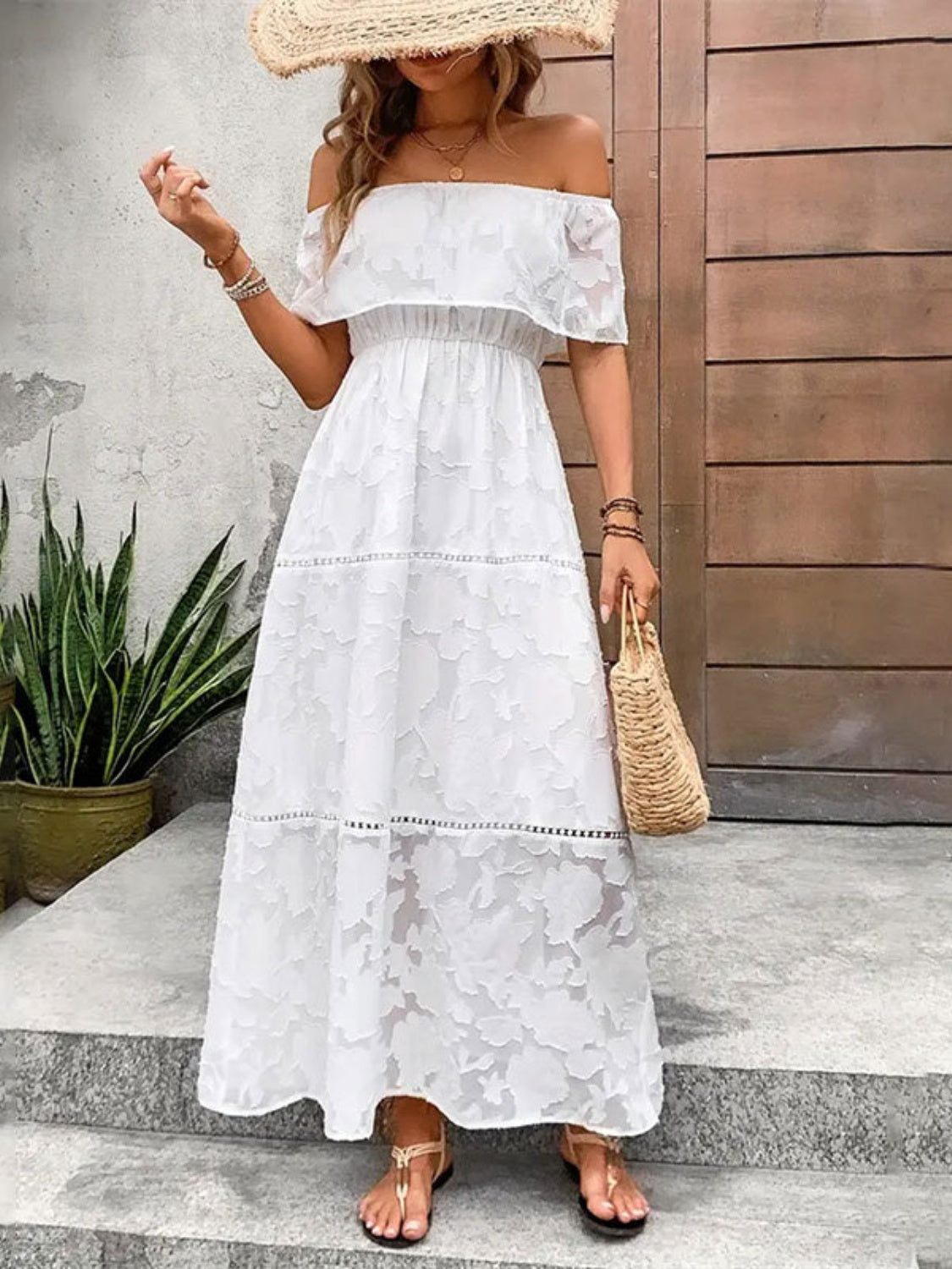 Off-Shoulder Short Sleeve Maxi Dress White S 