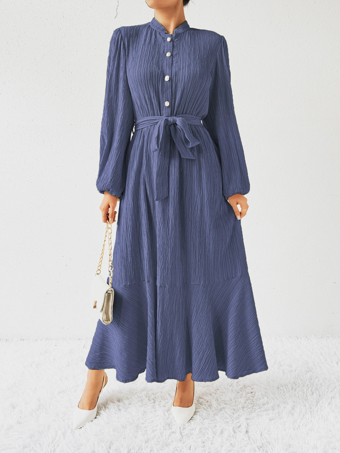 Tie Waist Long Sleeve Dress Dusty Blue S 