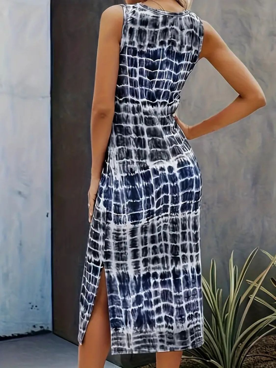 Slit Printed Round Neck Sleeveless Dress   